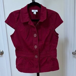 LOFT Burgundy Short Sleeve Button-Up Blouse